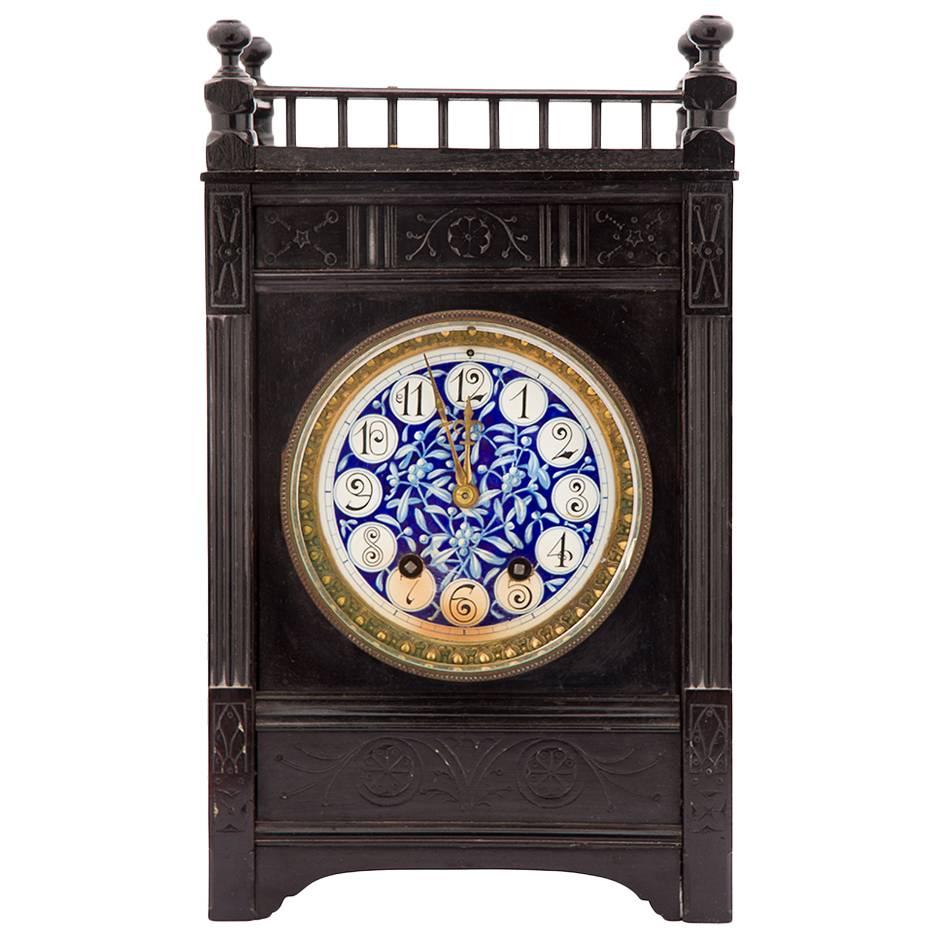 English Aesthetic Movement Ebonized Wood and Pottery Mantle Clock For Sale