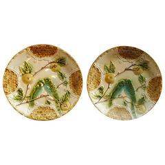 French Salins (Gien) Faience Pair of Japonisme Plates, Birds and Fruit