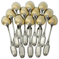 Antique Puiforcat French All Sterling Silver 18-Karat Gold Tea Coffee Spoons Set Swans