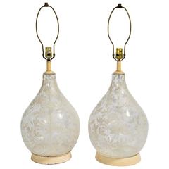 Vintage Pair of Oversized Clear Glass Painted Floral Lamps