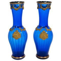 Pair of 1940s French Blue Glass  Vases with Brass Ormolu