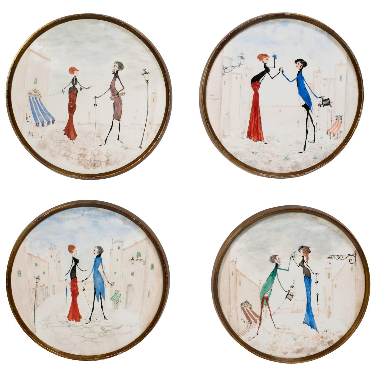 Four Italian   Hand-Painted Ceramic Plaques in Brass Frames by Palladio