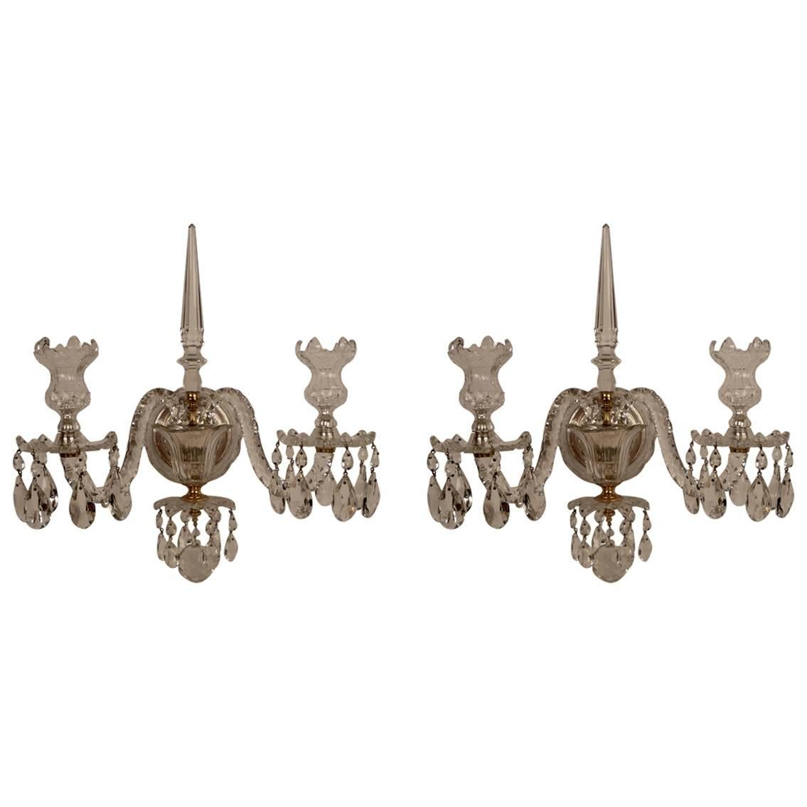 Pair of Caldwell Georgian Style Cut Crystal and Gilt Bronze Sconces