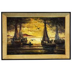 Signed Seascape Oil Painting with Sailboats, circa 1960s