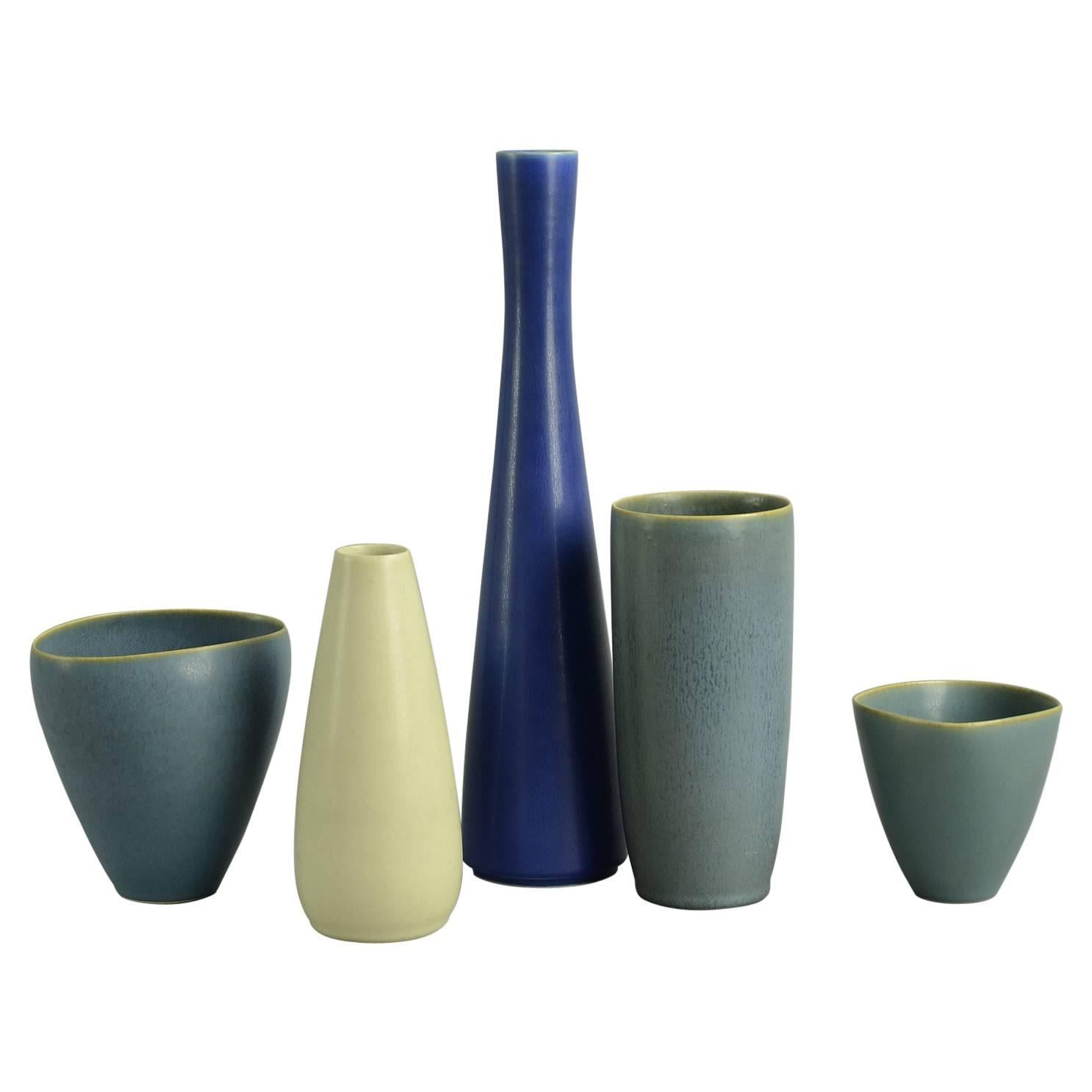 Five Vases with Blue and White Haresfur Glaze by Palshus, 1960s For Sale