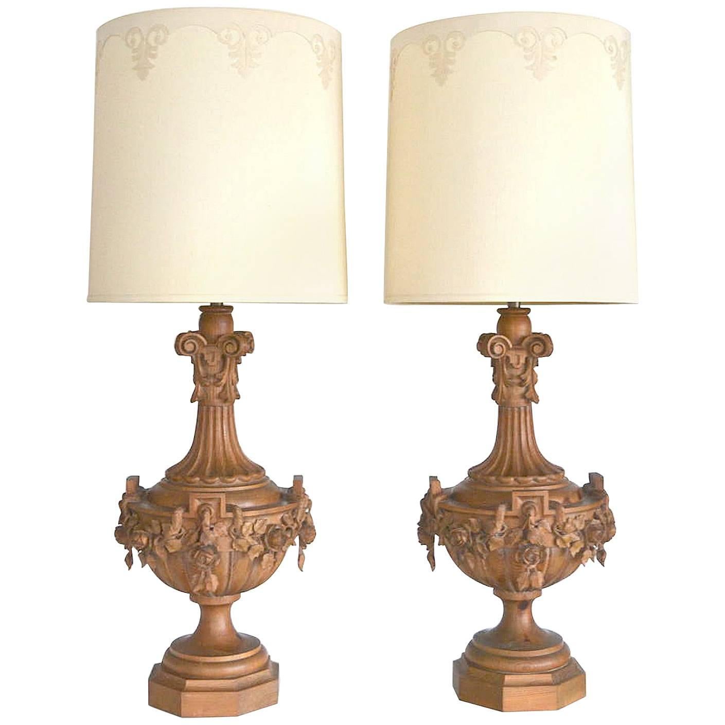 Pair of Hollywood Regency Carved Wooden Urn Form Table Lamps by Marbro