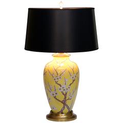 Vintage Japanese Porcelain Famille Jaune Prunus Blossom Vase Lamp