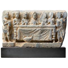 Antique Gandharan Schist Lintel Depicting the Division of the Buddha's Relics