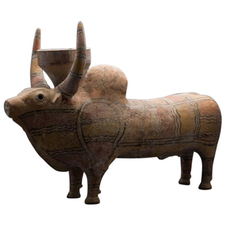 Slip-Painted Terracotta Sculpture of a Zebu Bull For Sale