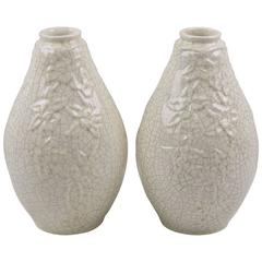 Pair of French Art Deco Crackle Ceramic Vase by St Clement, circa 1930s 10