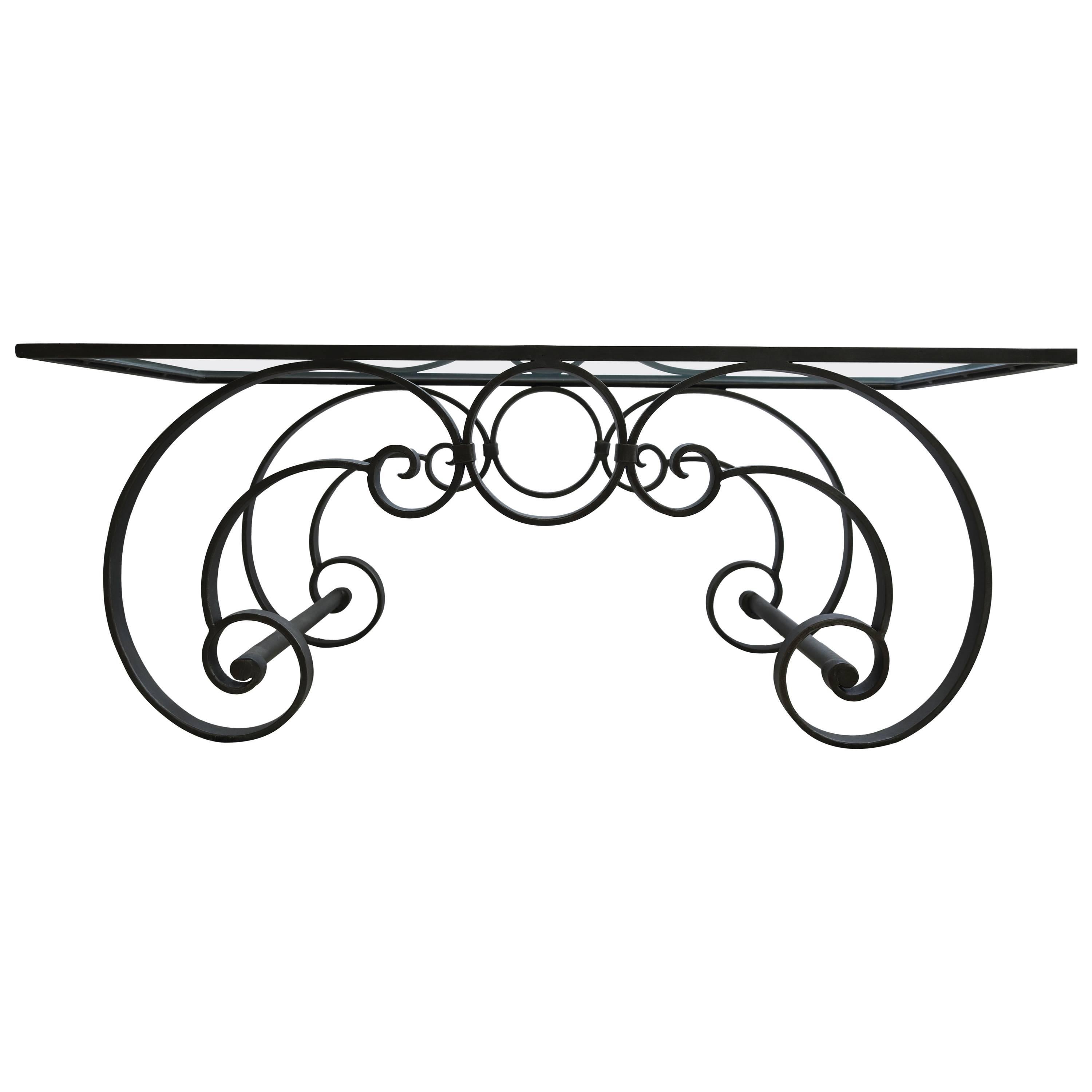 Perfect size, perfect Chic gracious designer Cocktail Table for Garden or Living Room!

A Mid-Century Modern Black Iron Cocktail Table, inspired designed masterfully hand forged scrolling wrought iron table with a clear glass inset top. 
The table
