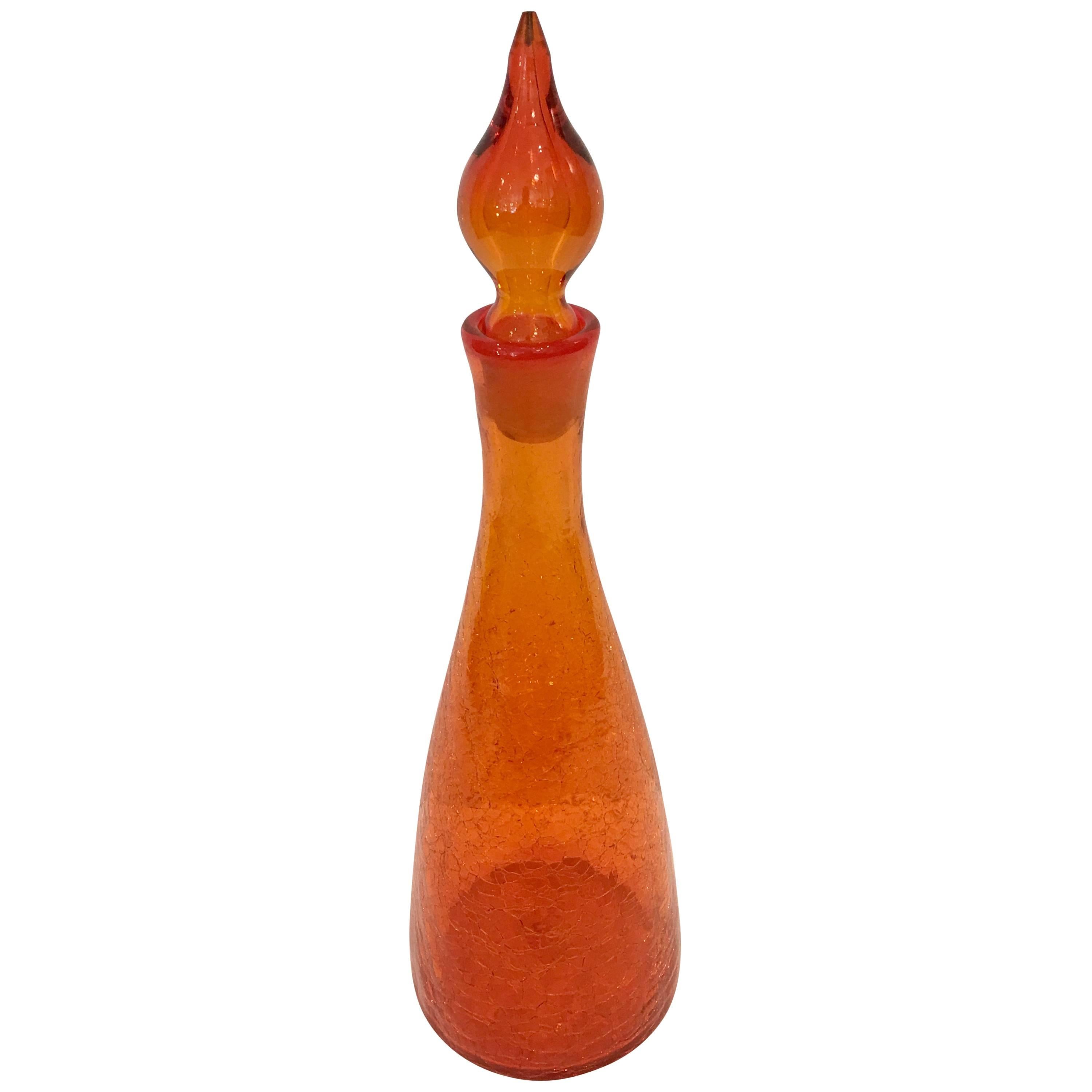 Mid-Century Blenko Crackle Glass Tangerine Decanter By, Winslow Anderson