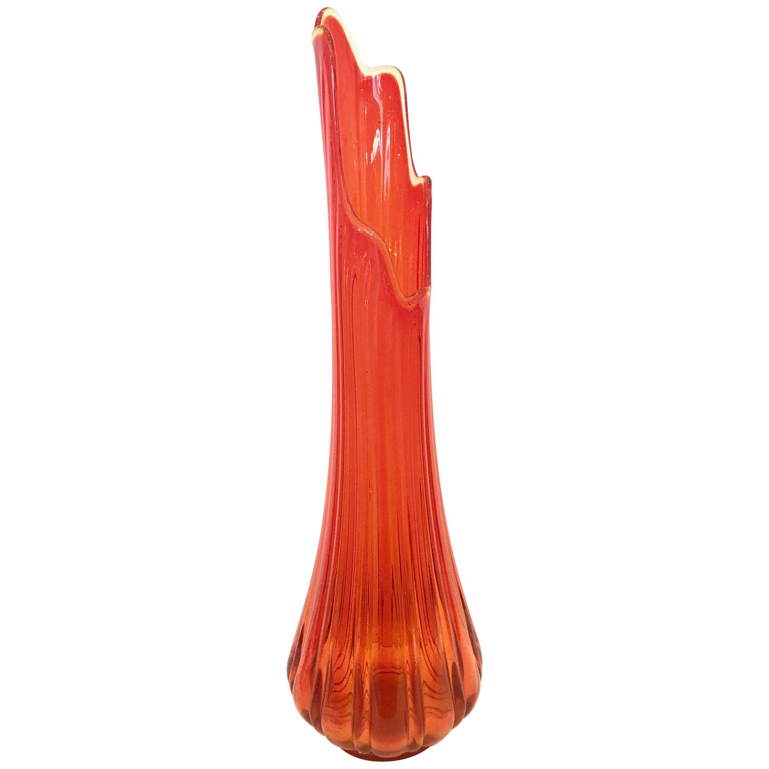 MidCentury Modern Bright Orange Optic Slag Glass Vase For Sale at 1stdibs