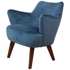 Used Original Danish Midcentury Armchair, Restored in Blue Velvet