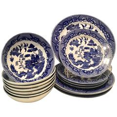Mid-Century Japanese Blue Willow Dinnerware, S/15
