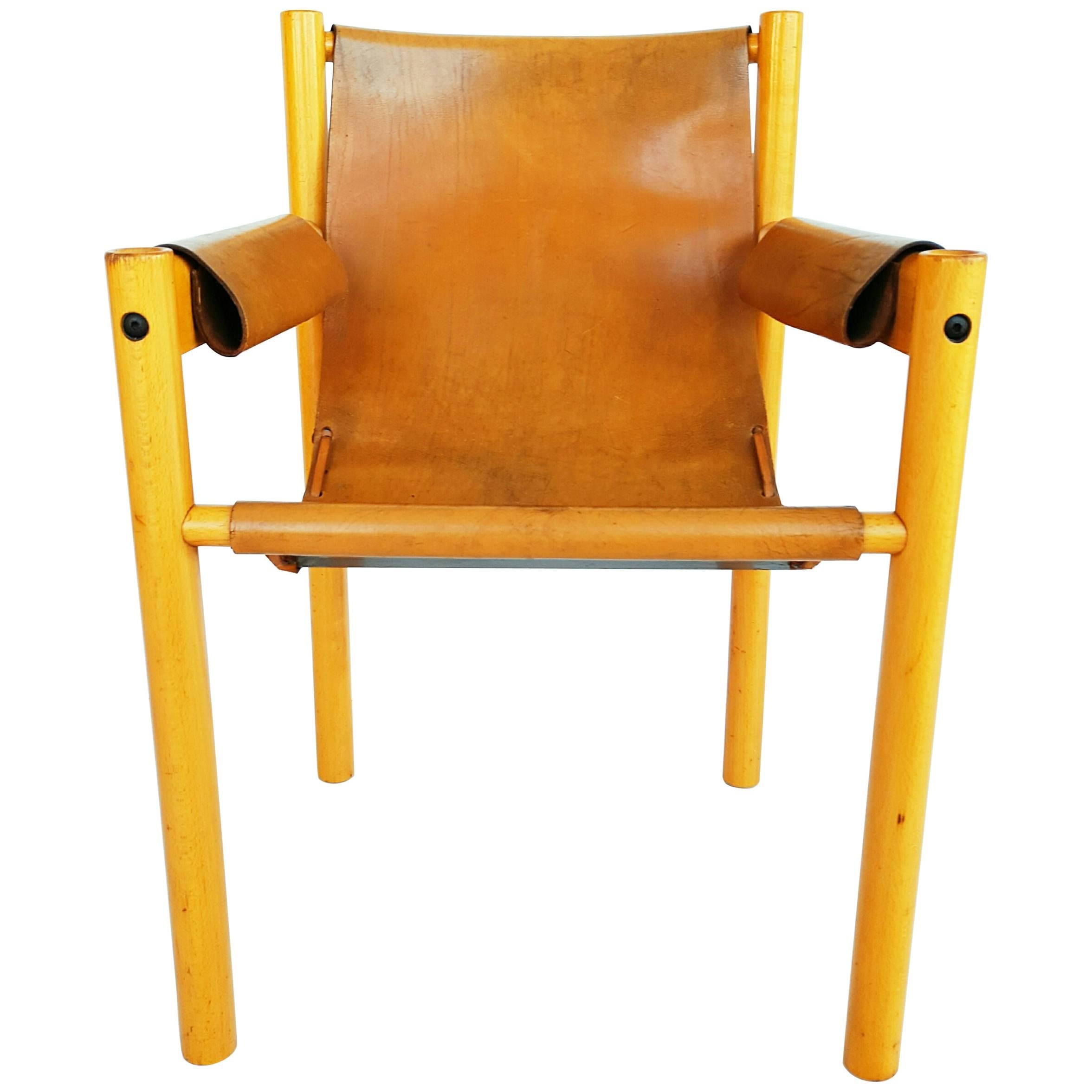 Camel Brown Leather and Birchwood Armchair from Ibisco, 1970s