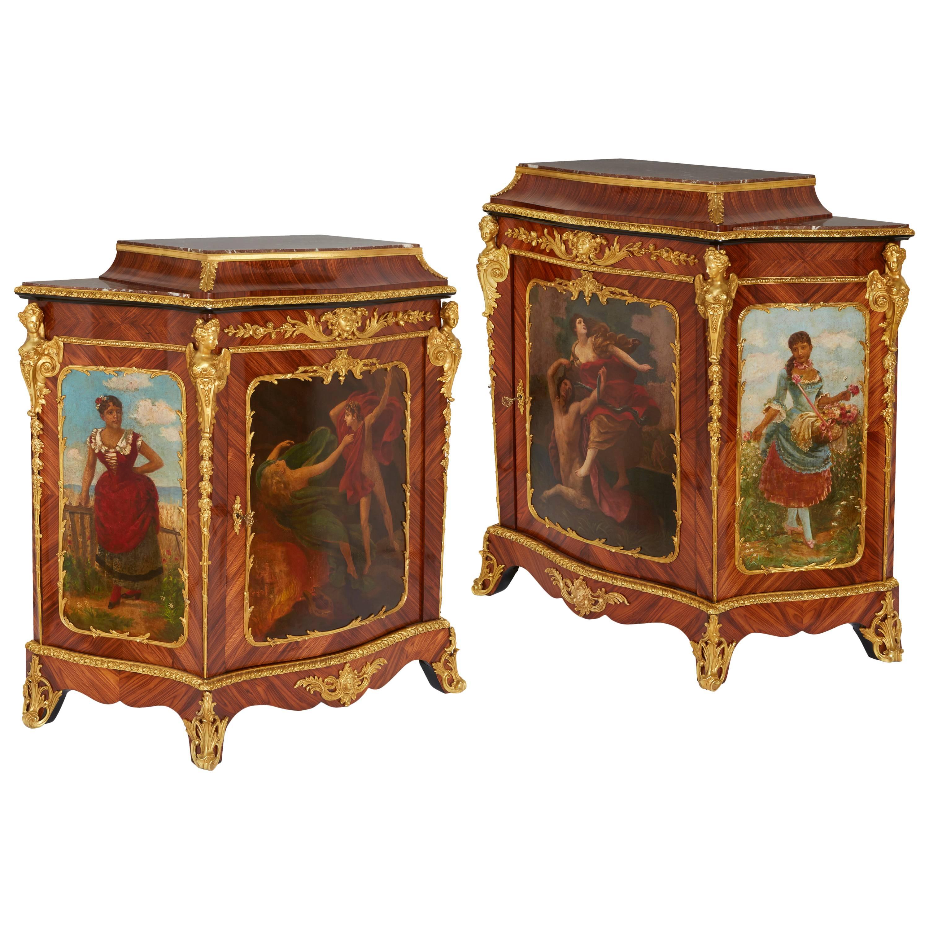 Pair of Rococo style painted tulipwood antique side cabinets