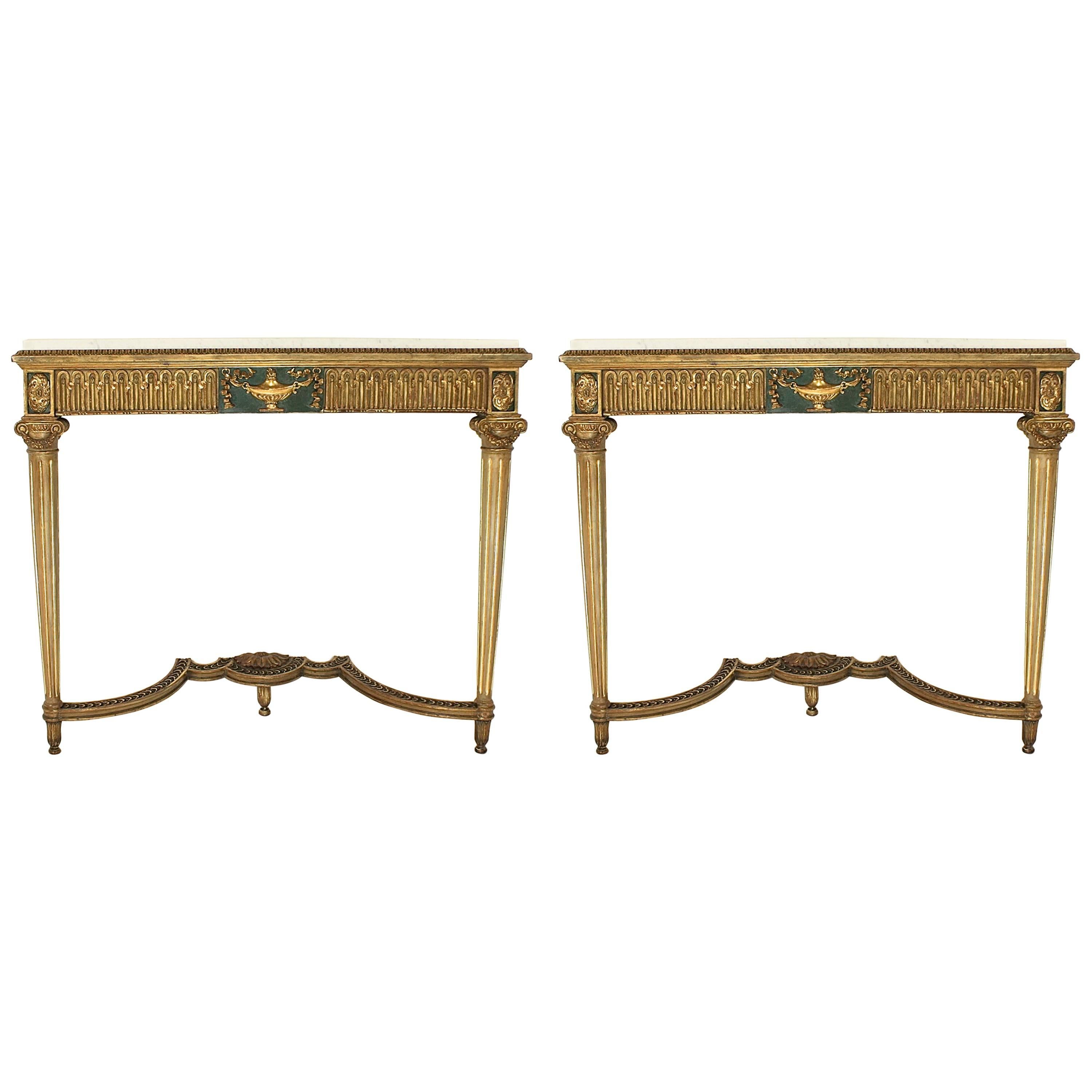 Pair of Narrow Louis XVI Style Giltwood Console Tables