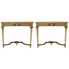 Antique Pair of Narrow Louis XVI Style Giltwood Console Tables