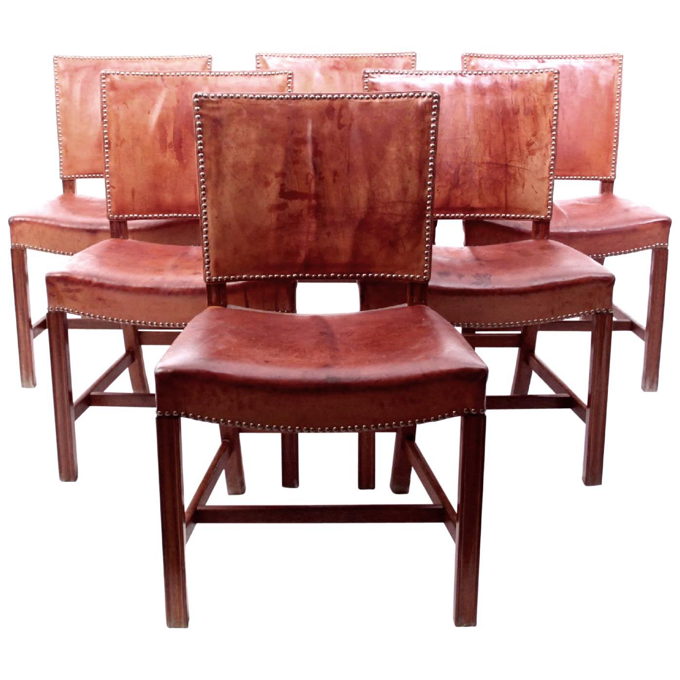 Kaare Klint Set of Six Red Chairs with Original Leather
