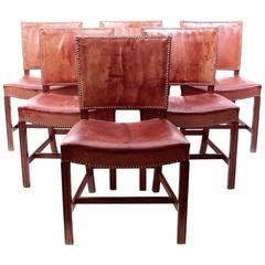 Kaare Klint Set of Six Red Chairs with Original Leather