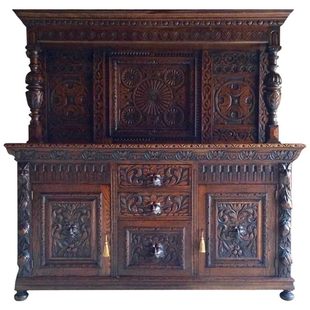 Antique Gothic Sideboard Credenza Greenman 19th Century Victorian Oak