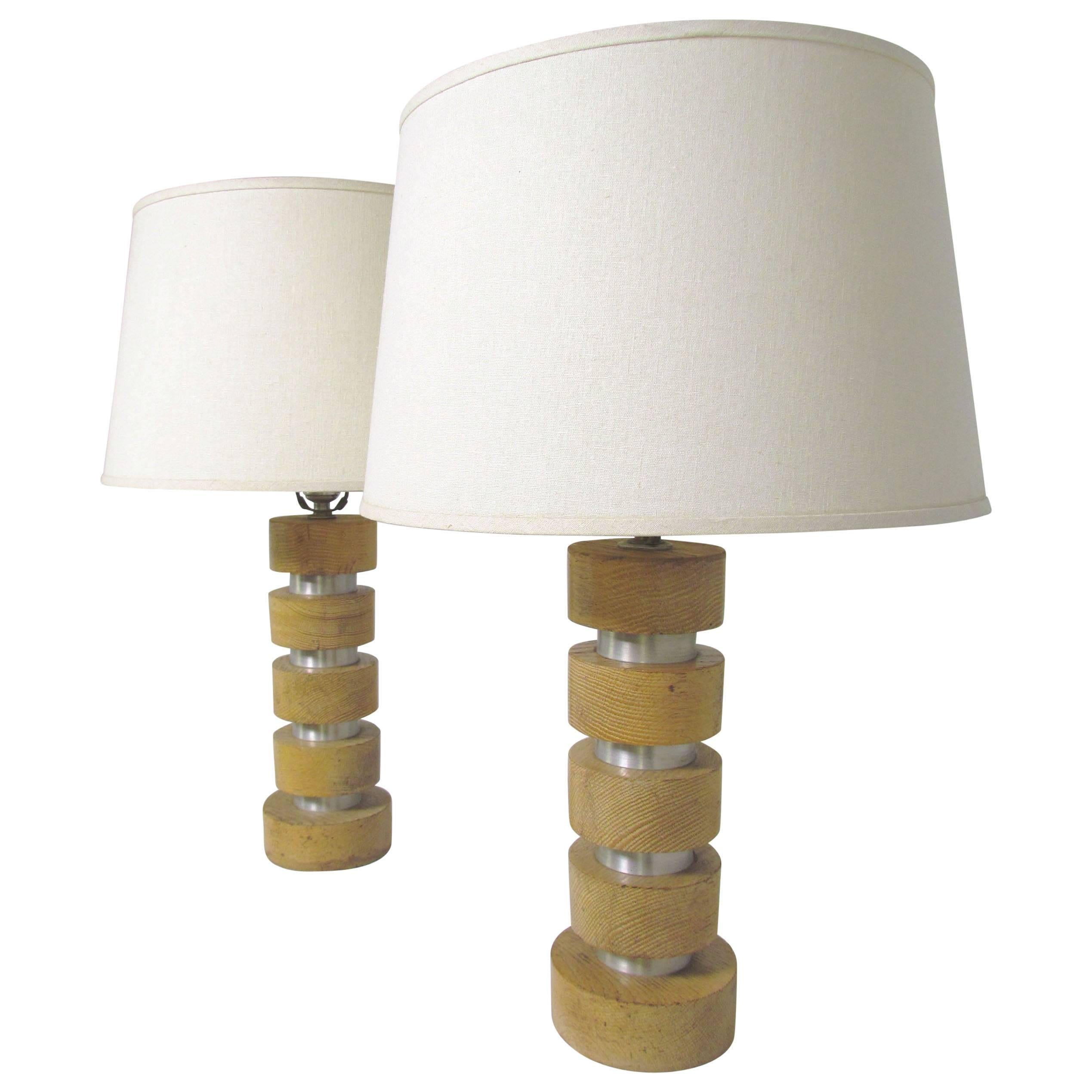 Pair of Spun Aluminum and Maple Table Lamps by Russel Wright