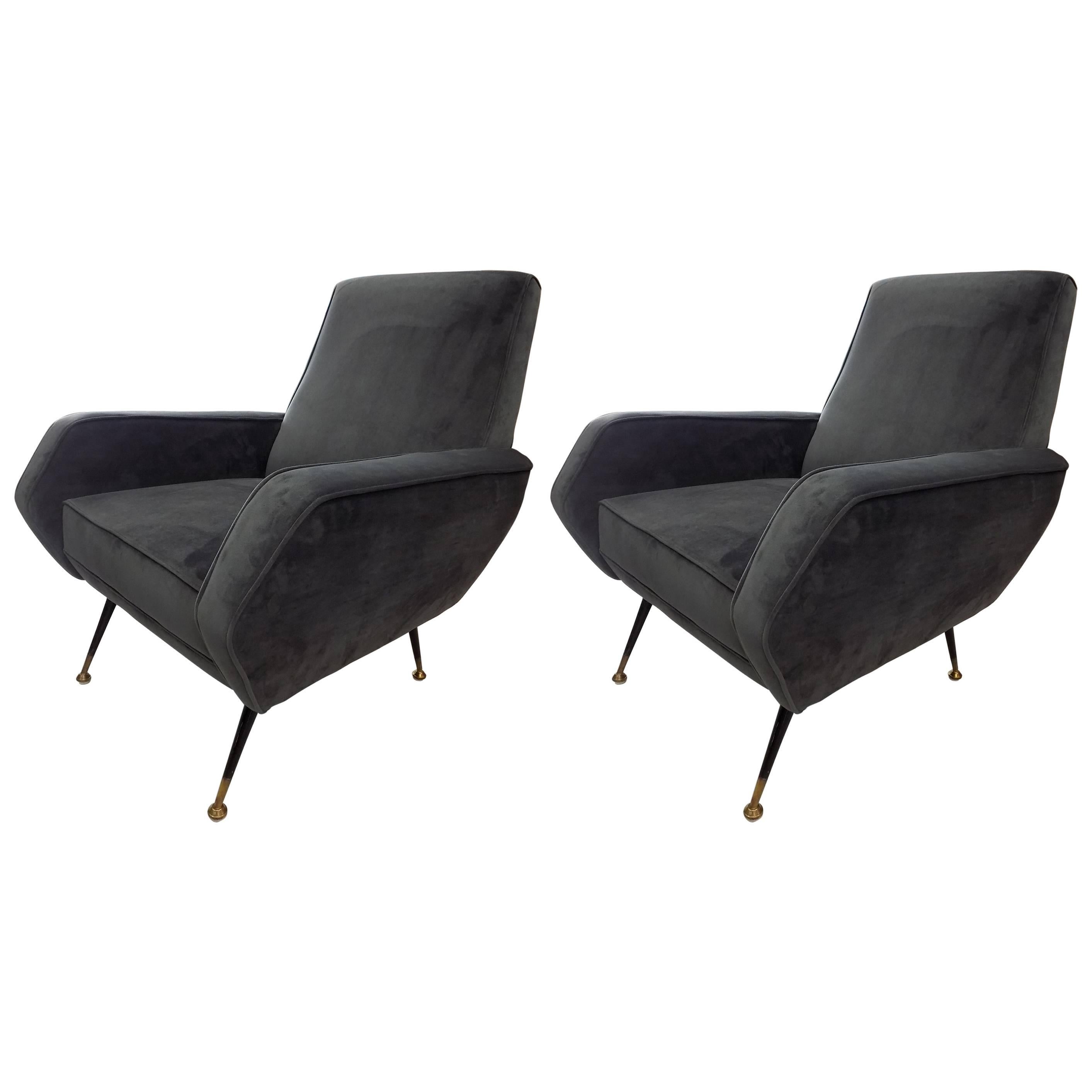 Beautiful Pair of Grey Velvet Armchairs in the taste of Marco Zanuso