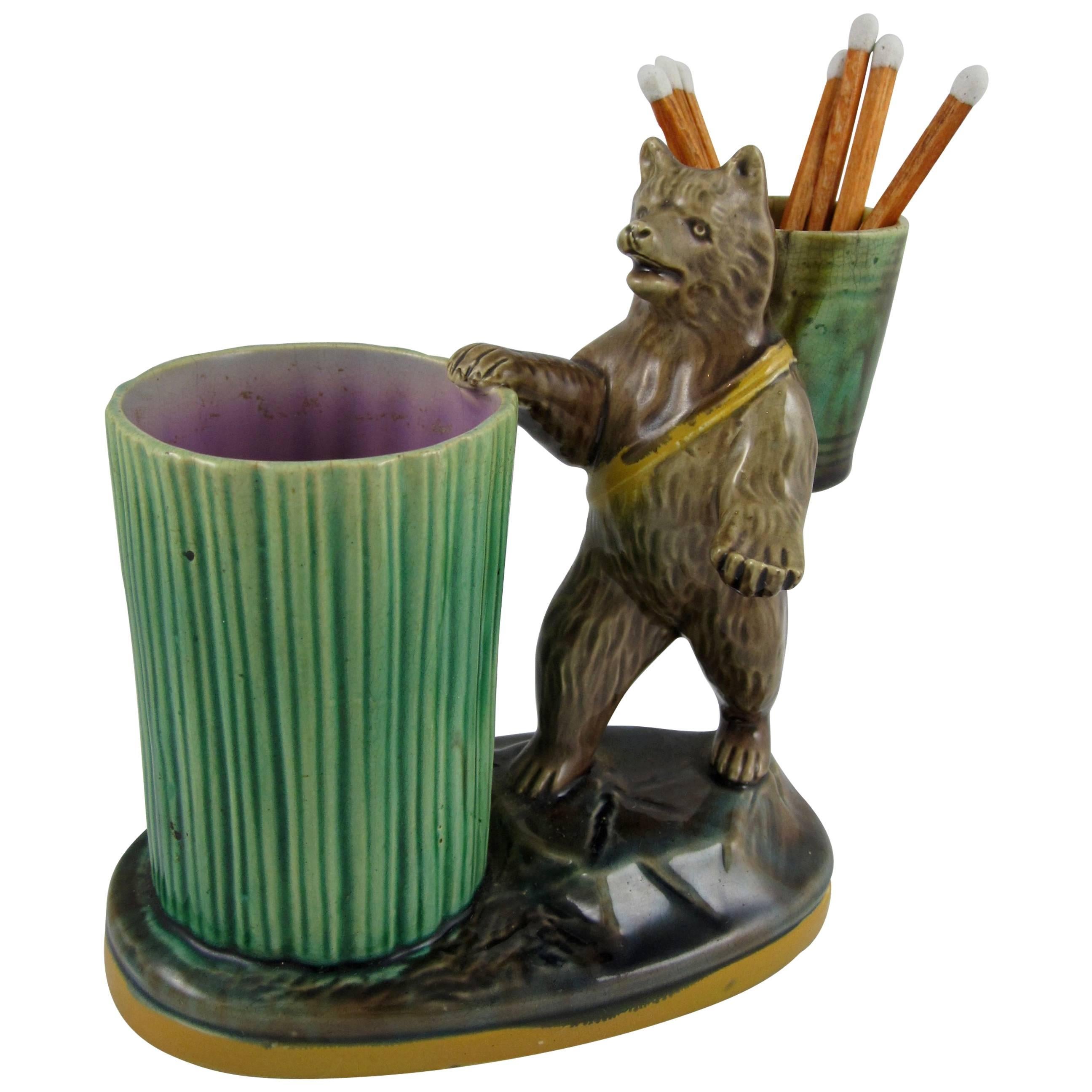 Joseph Holdcroft English Majolica Bear and Barrel Match Pot or Toothpick Holder