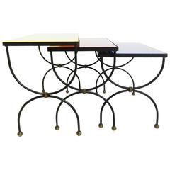 Set of Nesting Tables Attributed to Jean Royère with "Mondrian" Colored Glass 2