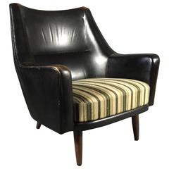 Sculpted Scandinavian Modern Black Leather Lounge Chair, 1950s