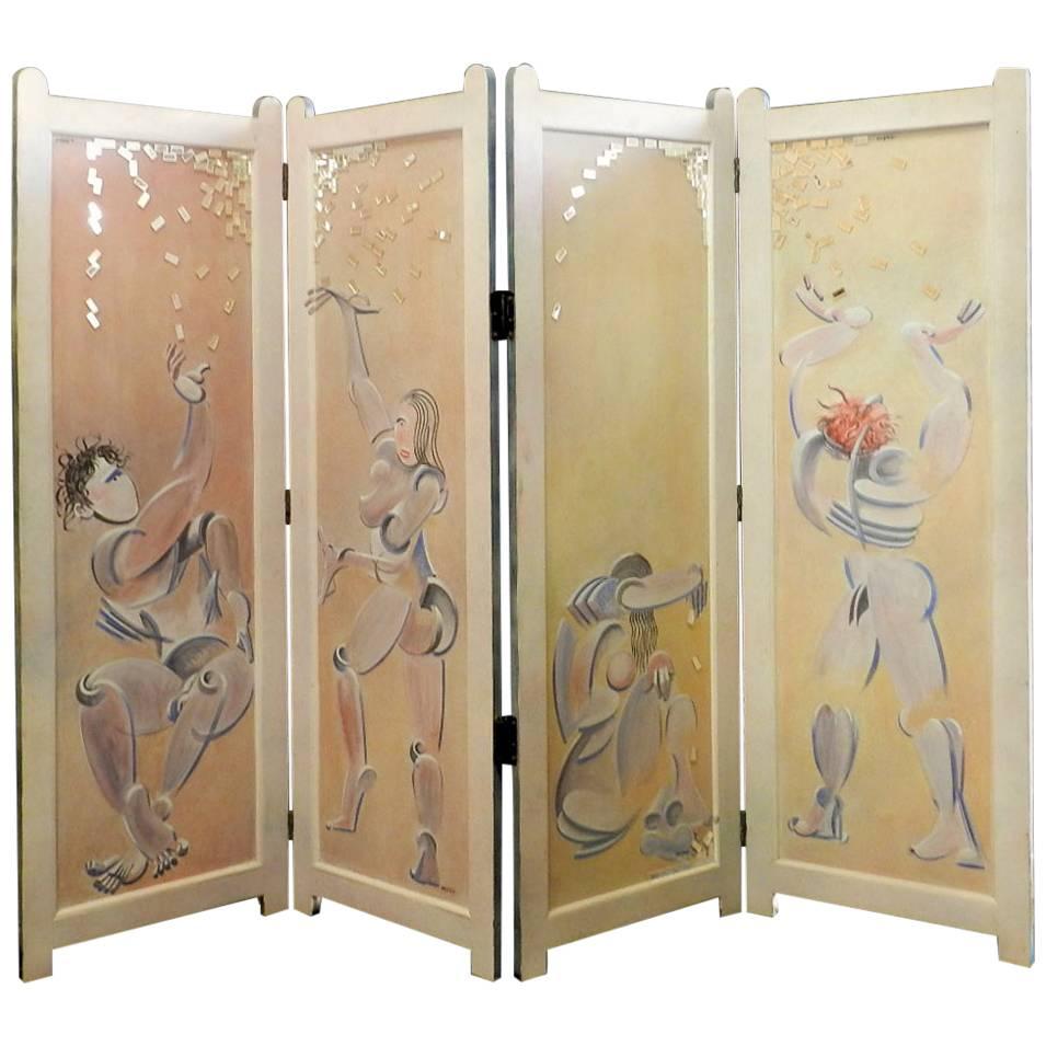 Four Fold Screen Original Painting by Mikel Dalbret Artist Vintage Room Divider