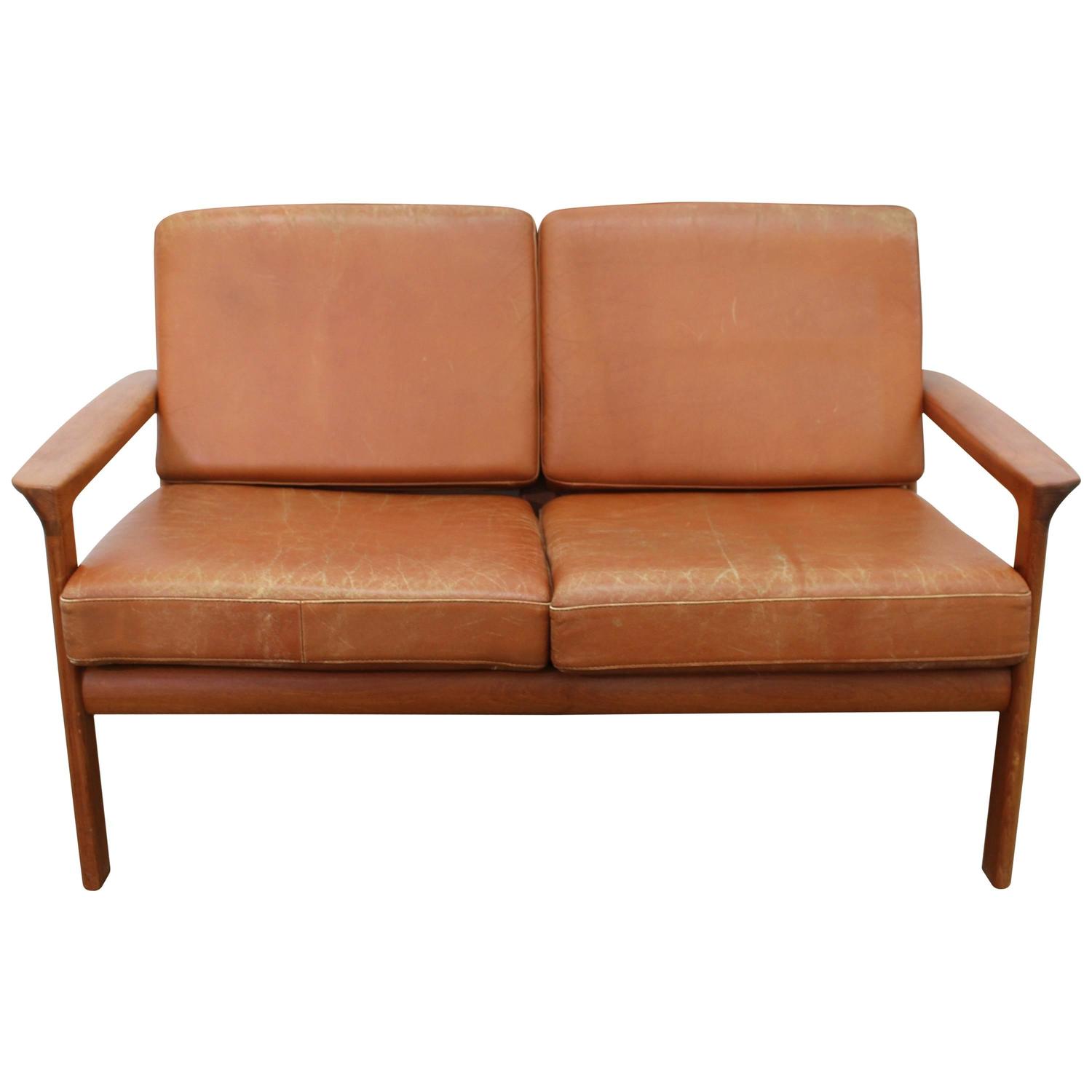 Cognac Leather Sofa Loveseat with Teak Frame Scandinavian Modern