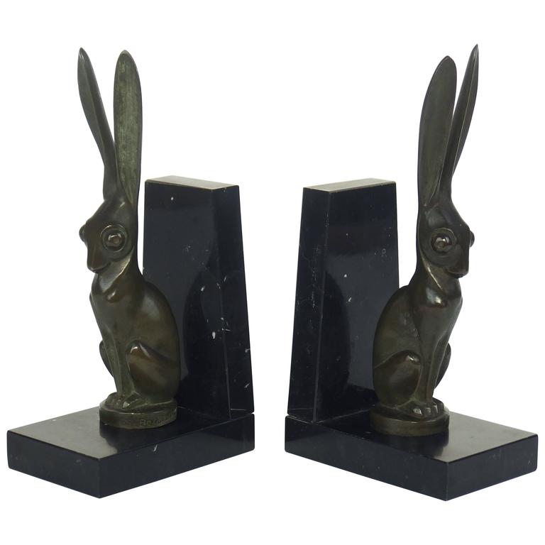 "Rabbits" Pair of Bronze Art Deco Bookends by Becquerel at 1stDibs