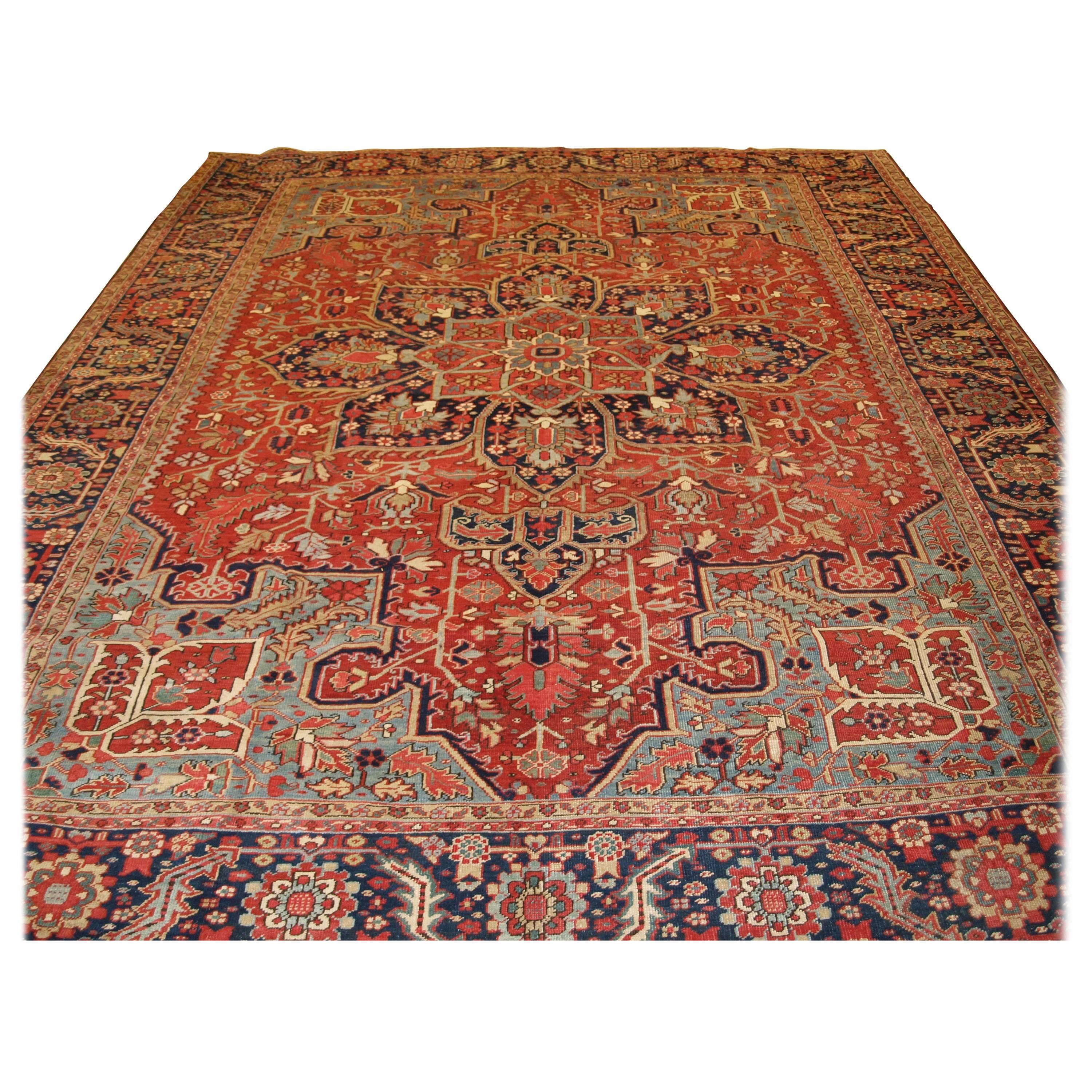 Antique Persian Heriz Carpet, Soft Reds and Light Blues