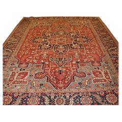 Antique Persian Heriz Carpet, Soft Reds and Light Blues