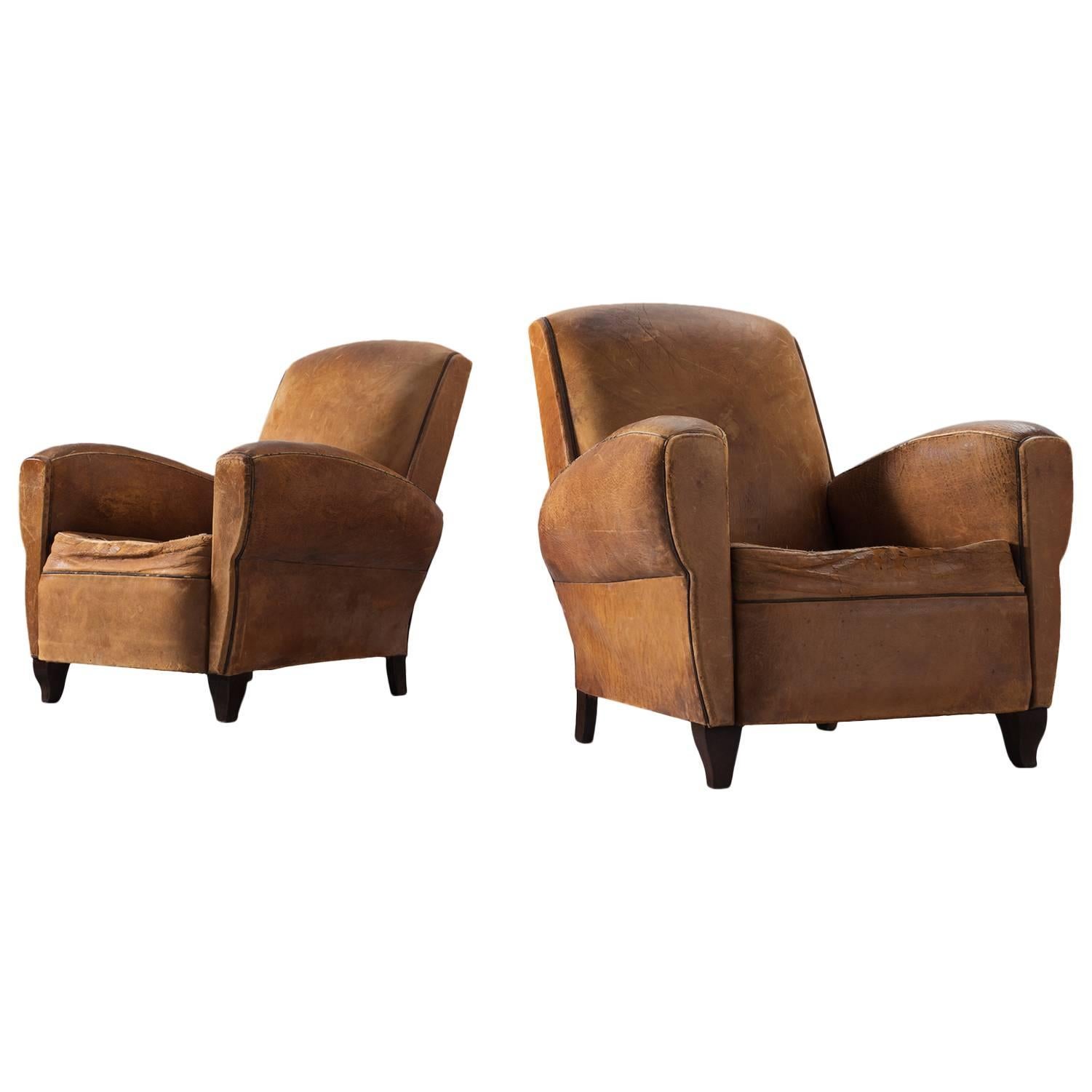 Set of Two Art Deco Club Chairs with Patinated Leather