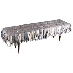 Handmade Bench with Hand-Painted Textile and Handmade Cotton Fringe