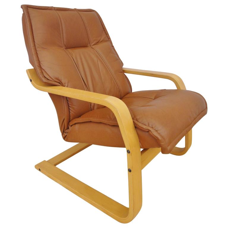 Mid Century Retro Danish Tan Leather Easy Lounge Armchair by