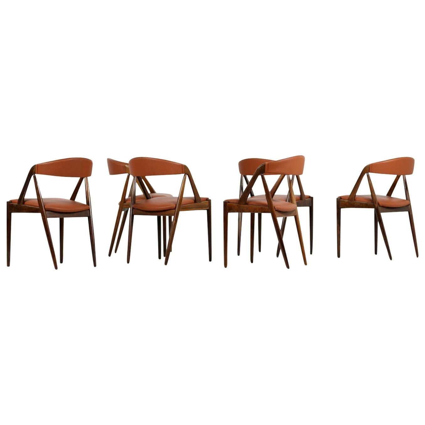 Set of Six 1960s Kai Kristiansen Model 31 Rosewood Dining Chairs Cognac Leather