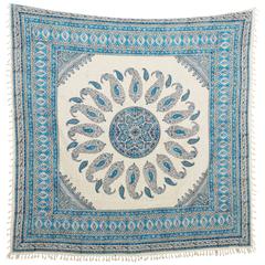 One of a Kind Persian Blue Square Ghalamkar Tablecloth