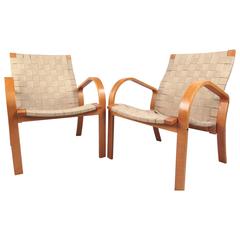 Pair of Vintage Alvar Aalto Style Linen Strap Armchairs 11