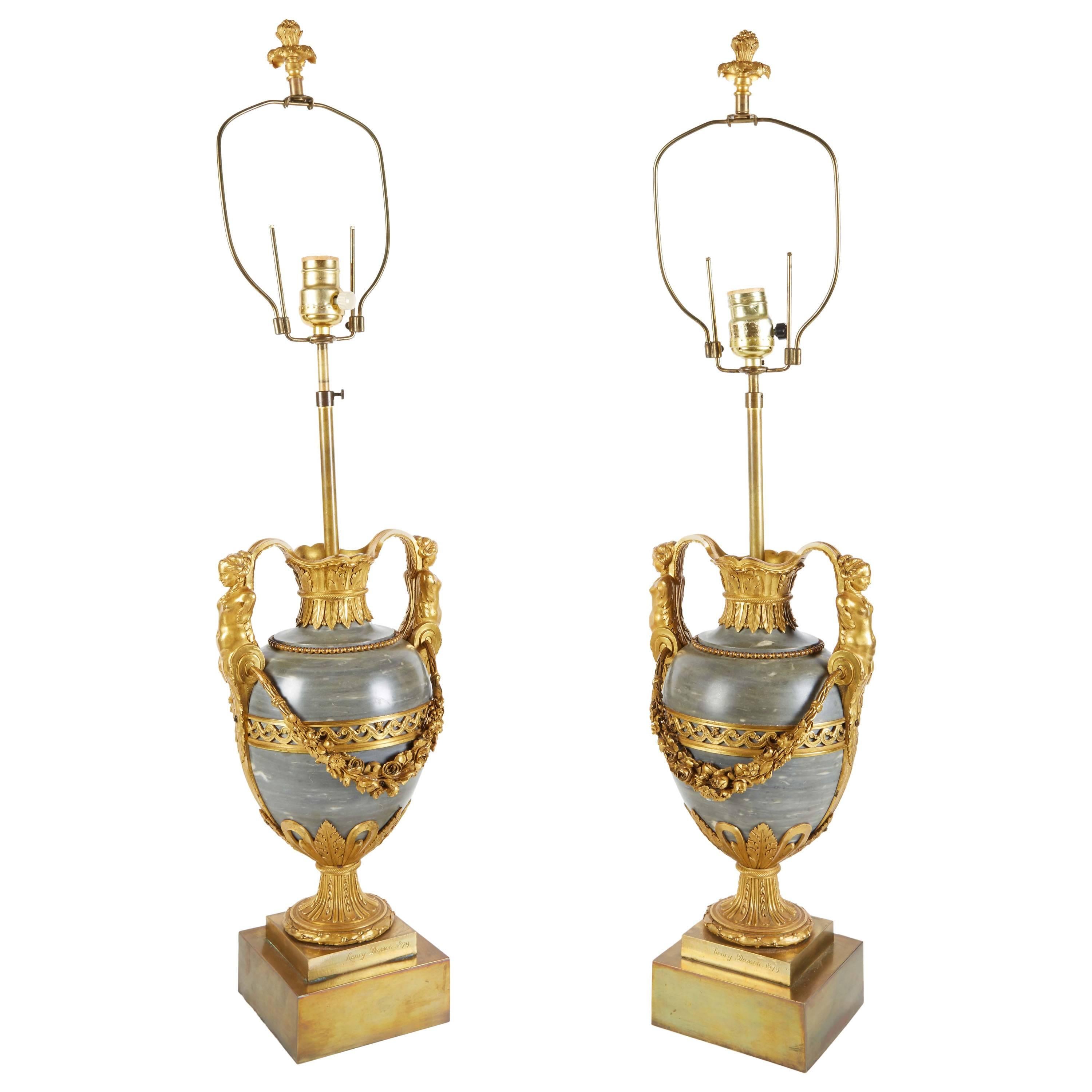 Pair of French Ormolu-Mounted Bleu Turquin Marble Lamps Vases by Henry Dasson