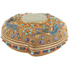 Exceptional Chinese Silver Gilt Filigree Box and Cover with Jade and Enamel