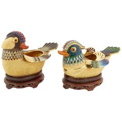 Pair of Chinese 14-Karat Solid Gold and Enamel Ducks Birds Object