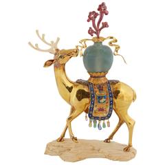Chinese 18-karat Solid Gold Enamel and Precious Stone Deer with Jade