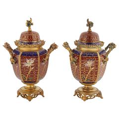 Pair of French Japonisme Ormolu Red Champlevé Cloisonné Enamel Vases & Covers