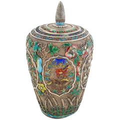 Chinese Silver Filigree and Enamel Enameled Tea Caddy