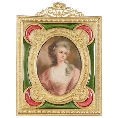 Antique French Gilt Bronze Ormolu Pink and Green Guilloche Enamel Picture Photo Frame
