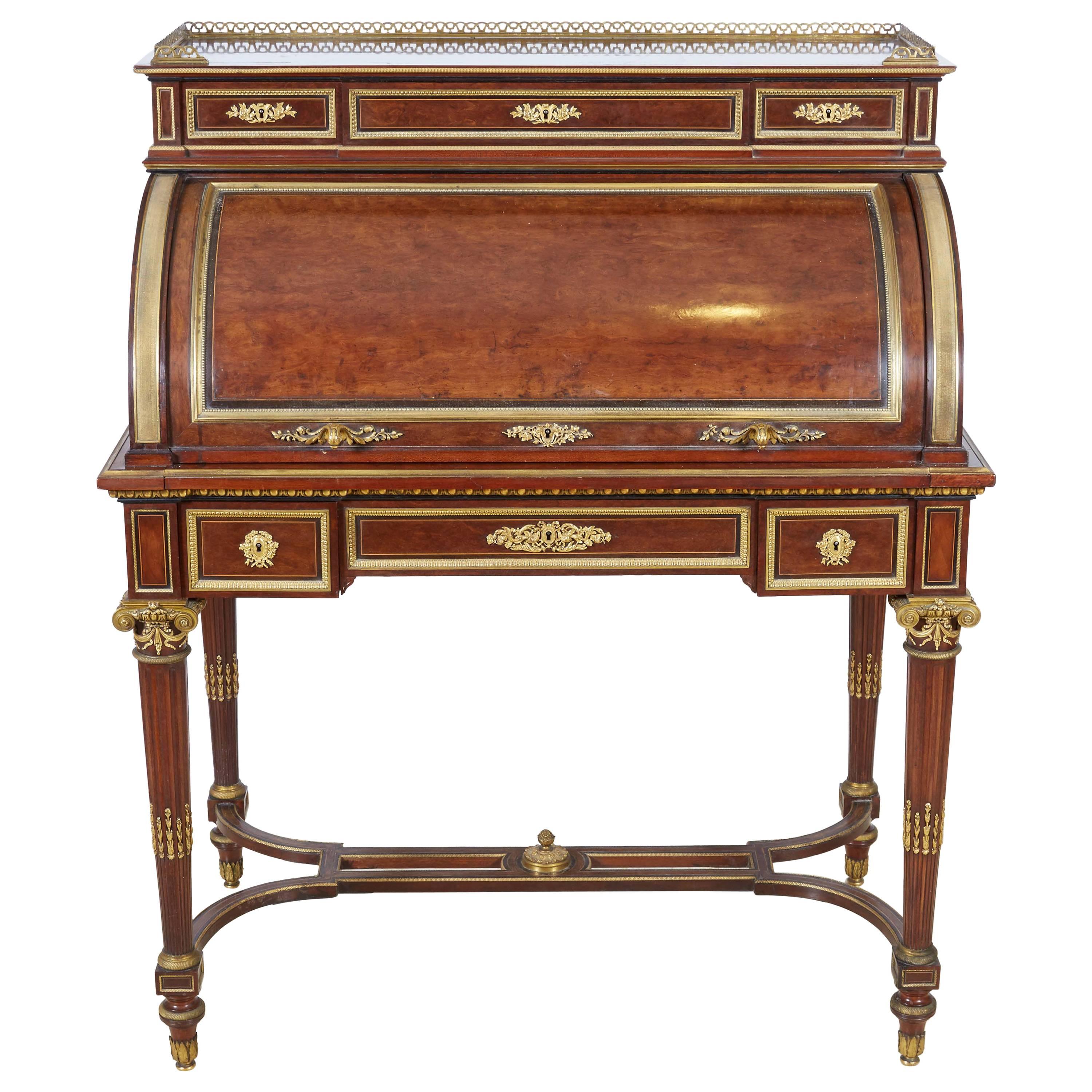 French Ormolu-Mounted Bureau a Cylindre Roll Top Desk Signed H. Fourdinois